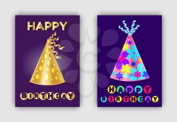 Happy Birthday banners with glittering realistic hats decorative headwear paper caps with golden dots and floral patterns, topped by ribbons vector