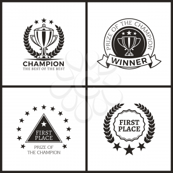 Champion prize for epic win promo emblems set. Award logo with shiny cup, small stars and laurel branches isolated cartoon flat vector illustrations.