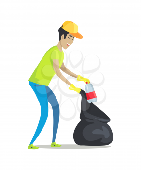 Guy cleans garbage with rubber gloves and black pack. Man in cap throw empty bottle into package. Boy takes care of environment vector illustration.