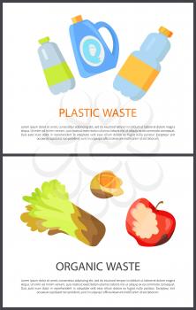 Plastic and organic waste isolated on white banner, vector illustration with colorful image of different types of garbage, food refuse and bottles set