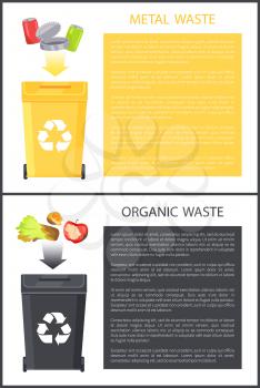 Metal and organic waste set, poster with text sample in colorful boxes, orange and apple, salad lettuce, aluminum cans collection vector illustration