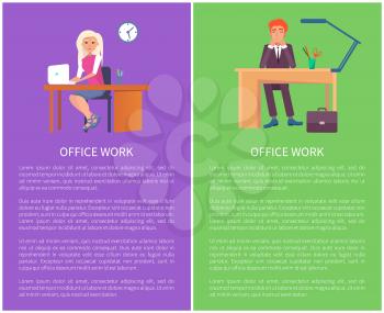 Office work posters set vector workers banner with text sample. Business people man and woman sitting at tables with computers and dreaming about rest