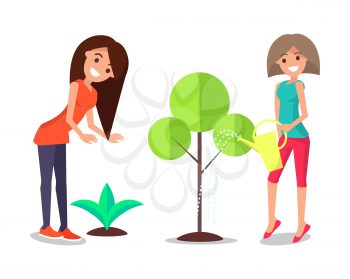 Smiling women taking care about plants, watering tree and bush, happy female farmers vector illustration isolated on white, cultivation of greenery