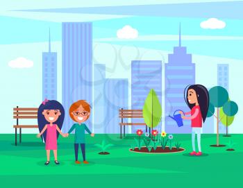 Woman watering blooming flowers in city park, children passing by and smiling, town conservation of nature greenery by people vector illustration
