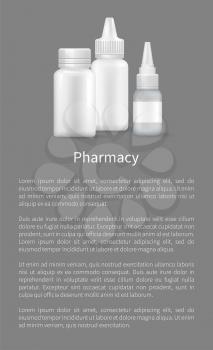 Pharmacy banner, image of vials with medical means vector illustration with text sample isolated on grey background, bottle collection for medicine
