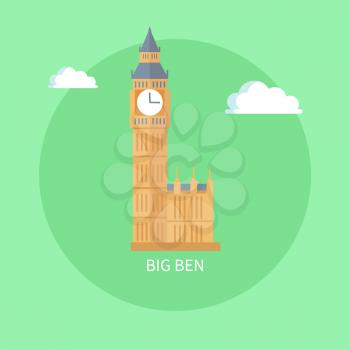 Famous old Big Ben tower with clock from England. British popular architectural attraction. Britain main symbol isolated flat vector illustration in circle
