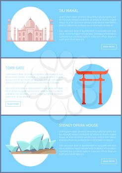Taj Mahal and Sydney Opera House, Torii Gate sacred place for religious people, architecture place of tourists destinations, set vector illustration