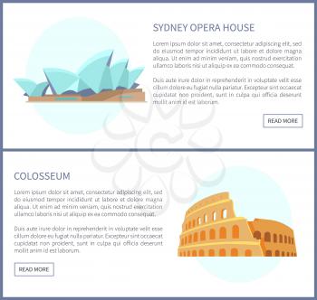 Sydney Opera House in Australia and Colosseum in Italy, landmarks and info of web pages, collection of European famous places vector Illustration