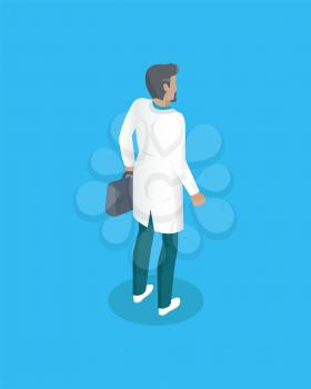 Medical man in white coat with case or first aid kit package from back. Isometric personage healthcare worker in overall in static standing pose.