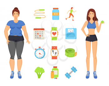 Woman sportive and fat lady. Isolated icons set with person transforming body, eating vegetables and fruits. Workouts and training exercises vector