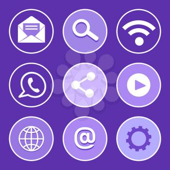 Social network, globe Earth planet isolated icons set vector. Share sign, gear tool, mobile phone and video button symbol. Opened message, e-mail