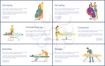 Hair styling and chocolate care spa posters with text sample vector. Wrap of legs, cosmetician with facial procedures and relaxation treatment set