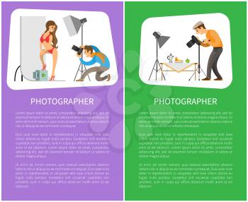 Studio and still life photographers posters with text sample. Model in swimsuit at backdrop, fruit near teapot composition for photo vector illustrations.