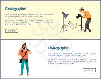 Still life photographer and journalist online banners set. Fruit near teapot as composition for photo, man with digital camera vector illustrations.