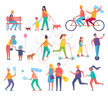 Family mom and child with air inflatable balloon icons set vector. Relaxing people riding bicycle and couple playing tennis. Running male and female