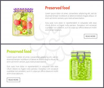 Preserved food banners, tomatoes with cucumber slice and grapes. Jar of vegetables or berries in marinade web pages templates vector illustrations.