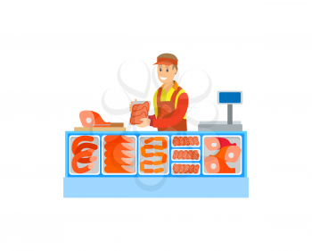 Butchers department in supermarket store vector. Salesperson consultant with sausages meat, pork and fat slices. Food and raw meal seller by counter