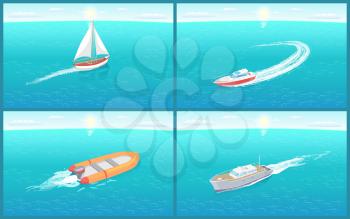 Water transport sailing boat motor set vector. Inflatable rubber vessel for fishermen and fishing people. Cruise liner and small yachts for floating