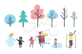 Winter child with snowman wearing hat, family skating with kid. Trees isolated icons, pine evergreen plant. Person skiing and girl with snow vector