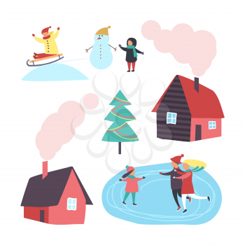 House and winter activities of people set vector. Homes with chimneys and smoke, child with snowman, family skating on ice. Hobbies in wintertime