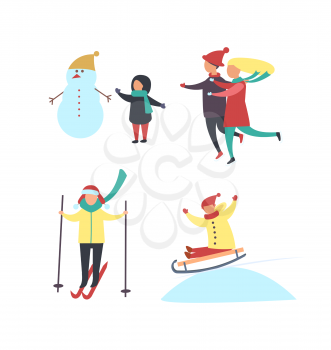 Winter season fun, activities of people in wintertime vector . Child building snowman, mother and father running to kid. Skiing and riding sledges