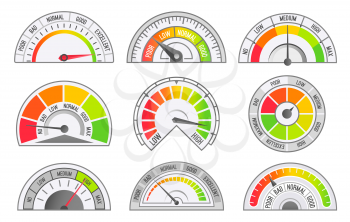 Speedometer and odometer scales and pointers isolated icons set vector. Tachometer for measurement of speed and kilometers, miles measuring instrument