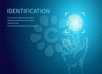 Identification fingerprints poster text sample vector. Fingermark and thumbprint authorization of unique personal finger pattern of human, digital data