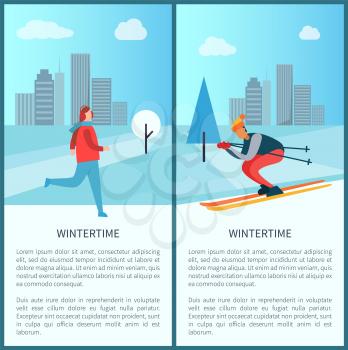 Wintertime city and people, set of posters, with given text, skier and ice-skating person, buildings on cityscape backdrop, clouds vector illustration