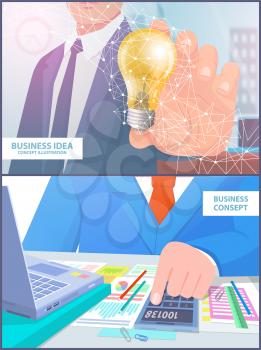 Business idea concept illustration analyze vector set. Businessman with electric bulb and person calculating numbers, financing and strategy planning