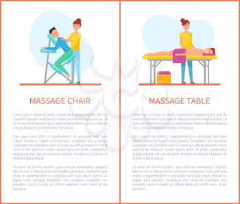 Massage chair and table cartoon equipment vector set. Masseur in uniform massaging patient sitting on armchair and lying on table covered by towel