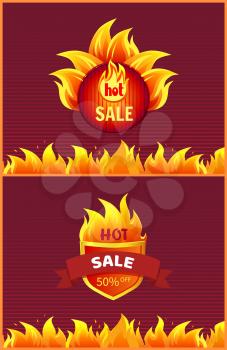 Best offer hot sale badge with promo offer, burning fire flame banner. Vector illustration label with heat sign isolated icons set, blazed posters
