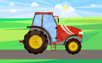 Tractor driving on green field vector. Automobile with cabin for tractorist driver, ladder and wheels. Farming machinery, auto for lands cultivation