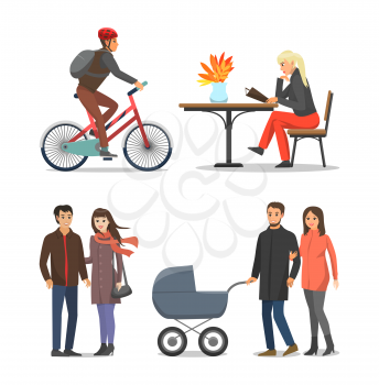 Couple people with pram, family with child in perambulator isolated set vector. Biker with helmet on bicycle, cycling hobby of male. Lady reading menu