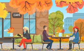 Autumn park with cafe, couple drinking coffee and woman reading menu at table. Fall leaves, romantic date near single visitor vector illustration.