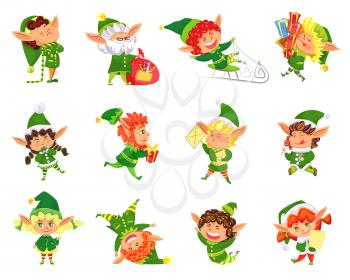 Elf winter season helper of Santa Claus set vector. Girl and boy wearing costumes and hats, opening presents gifts and riding sledges eating lollipop