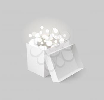 Package with light and beams carton box isolated icon vector. Glowing and shining coming out from container made of cardboard. Square shaped packaging