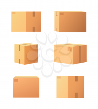 Carton packages with adhesive type set of isolated icons vector. Containers made of cardboard, packaging square objects for storage and items keeping