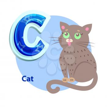 Cat lovely green eyed pet for C consonant presentation. Abecedarian vector flashcard for kids and children to remembering english letter and sound.