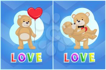 Love vector illustration with toy bear color cards, isolated on blue background animals, pair of furry dolls standing together, balloon in heart shape