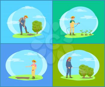 Farmer working on land with tools vector set of cartoon banners. Woman and man in uniform work on farm and garden, digging ground and watering plants