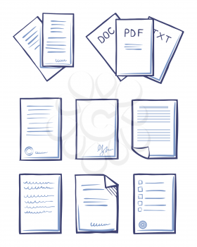 Office papers documents and files set of monochrome sketches outline icons vector. Signatures and stamps on pages, documentation and official captions