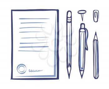 Office supplies and stationery monochrome icons vector. Document and signature at page bottom part, pencil and pen. Pin and clip, writing objects