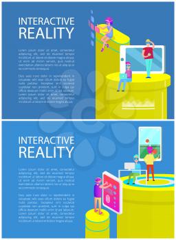 Interactive reality people entertaining with innovative technologies, posters with text samples. Mobile phone table tennis game played by man vector