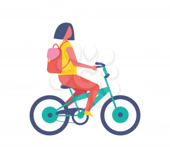 Girl riding bike cartoon isolated vector icon. Teenager in casual clothes and with backpack cycling in park or city road, healthy lifestyle theme