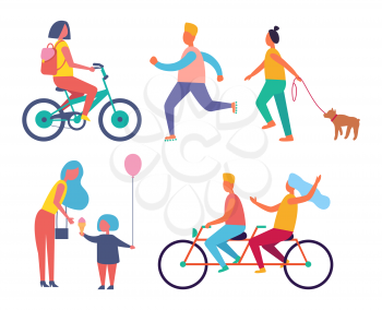 People summer activities isolated icons set vector. Person on bicycle, couple riding bike for two person. Mom with child holding air balloon in hands