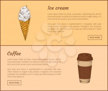 Ice cream and coffee in cup. Dessert refreshing in summer time season, cold cream product in crispy cone. Hot energetic beverage vector illustration