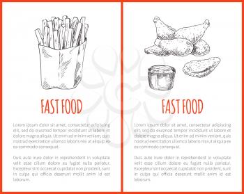 Fast food information poster with takeaway sketches. Fat french fries in paper wrap, fried chicken or naggets with sauce or dip jar snacks set promo.