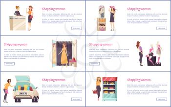 Shopping shops, stores with luxury clothes vector. Brand hats and dress, jewelry department and cosmetics stand. Fashion and beauty products for women