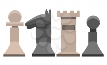 Playing chess vector, figures isolated pawn and horse white and black colors. Game board, smart and intelligence strategic players chessboard illustration in flat style design for web, print