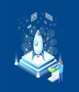 Man working on business startup vector, isolated rocket with icons and signs standing on pedestal, male with button and controlling center isometric 3d